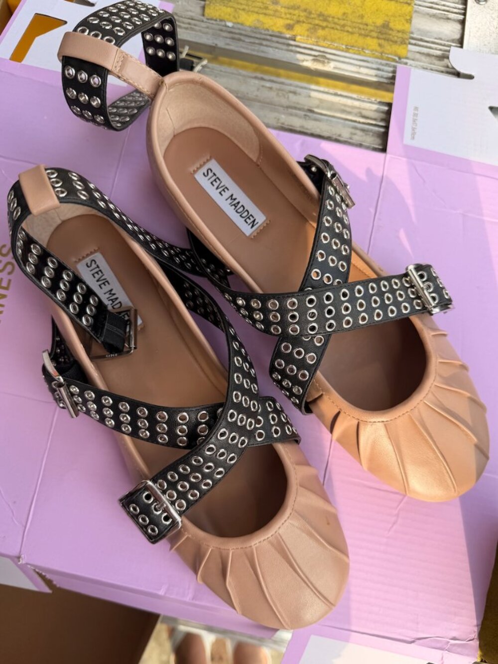 Steve Madden Blush Pink Flats with Black Studded Straps